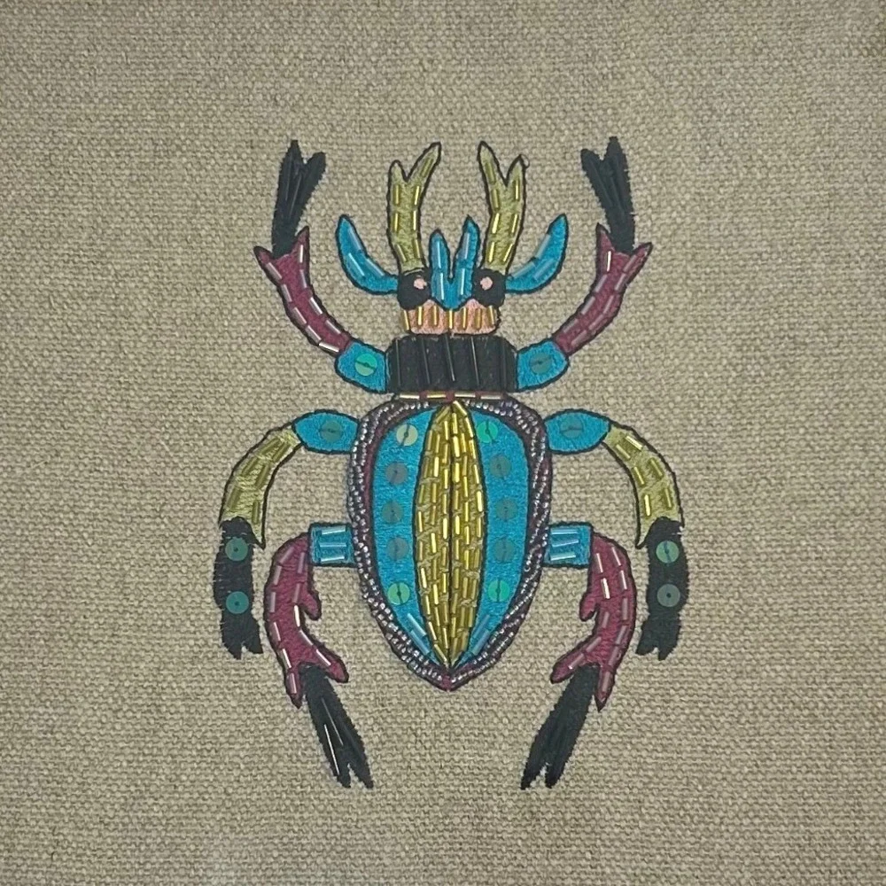 West Elm Gold Framed‎ Wall Art Embroidered Beaded Beetle Decor 10